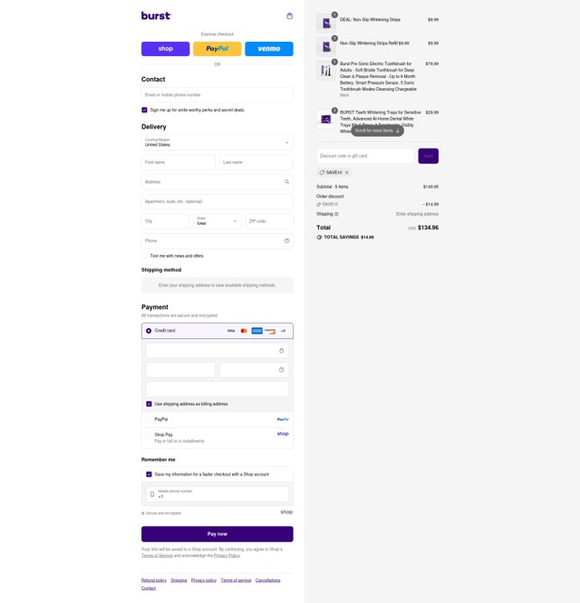 Burst Oral Care checkout page showing Burst Oral Care promo code box | Screenshot taken by SimplyCodes community member on Sep 2, 2025