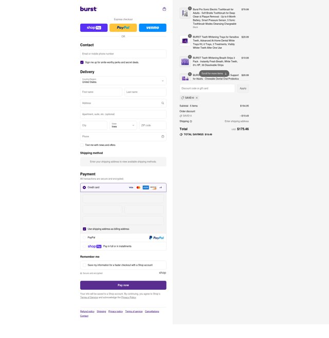 Burst Oral Care checkout page showing Burst Oral Care promo code box | Screenshot taken by SimplyCodes community member on Jul 30, 2025
