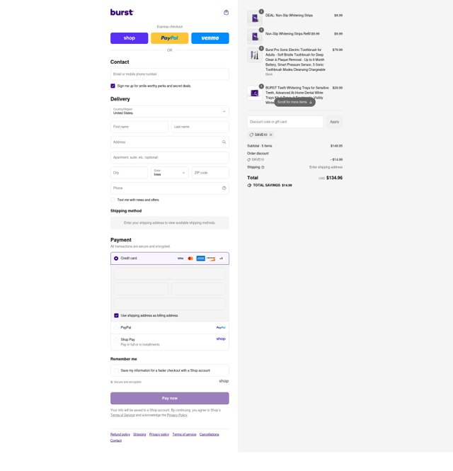 Burst Oral Care checkout page showing Burst Oral Care promo code box | Screenshot taken by SimplyCodes community member on Aug 29, 2025