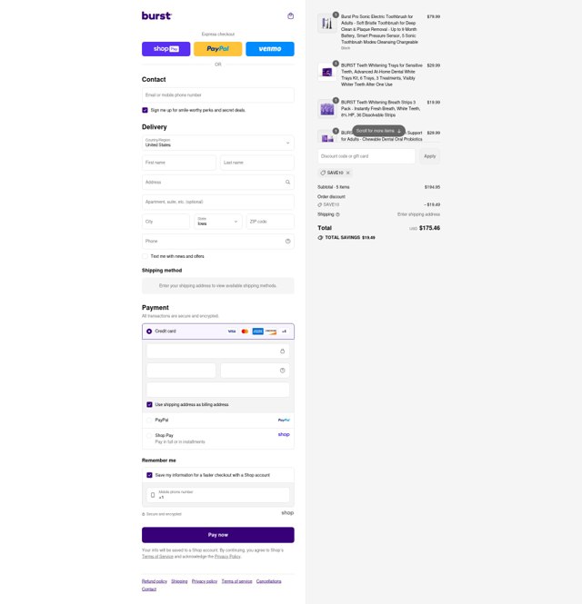 Burst Oral Care checkout page showing Burst Oral Care promo code box | Screenshot taken by SimplyCodes community member on Aug 15, 2025