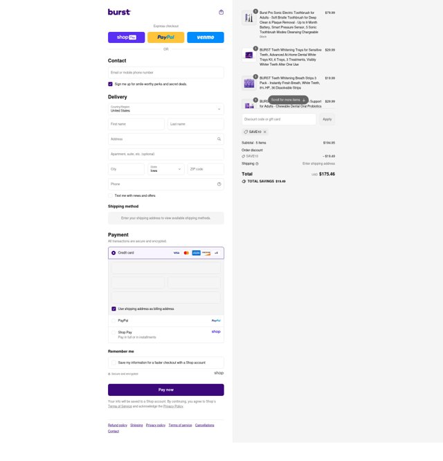 Burst Oral Care checkout page showing Burst Oral Care promo code box | Screenshot taken by SimplyCodes community member on Aug 21, 2025