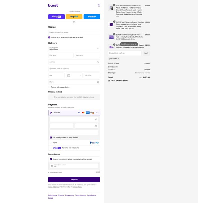Burst Oral Care checkout page showing Burst Oral Care promo code box | Screenshot taken by SimplyCodes community member on Aug 3, 2025