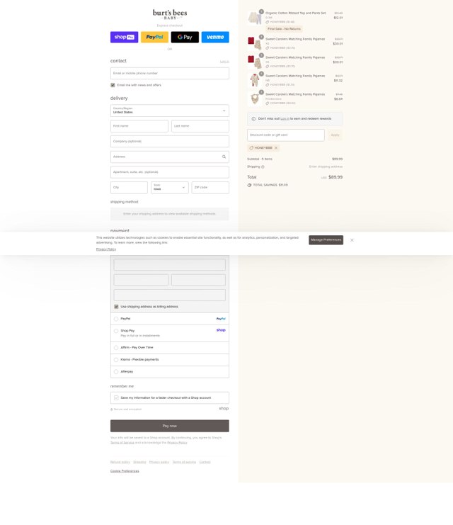 Burt's Bees Baby checkout page showing Burt's Bees Baby discount code box | Screenshot taken by SimplyCodes community member on Aug 28, 2025