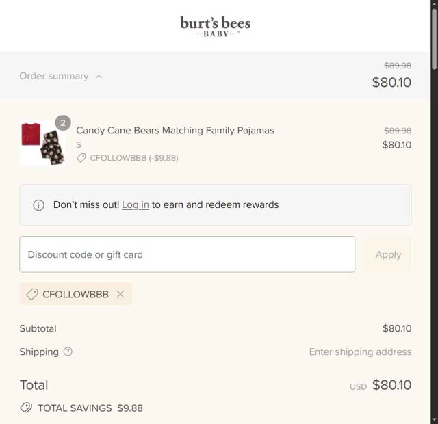 Burt's Bees Baby checkout page showing Burt's Bees Baby discount code box | Screenshot taken by SimplyCodes community member on Aug 23, 2025