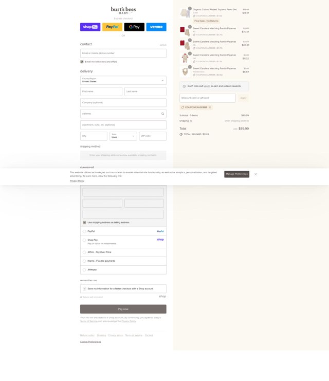 Burt's Bees Baby checkout page showing Burt's Bees Baby discount code box | Screenshot taken by SimplyCodes community member on Aug 28, 2025