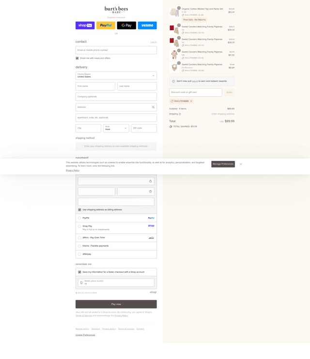 Burt's Bees Baby checkout page showing Burt's Bees Baby discount code box | Screenshot taken by SimplyCodes community member on Aug 28, 2025