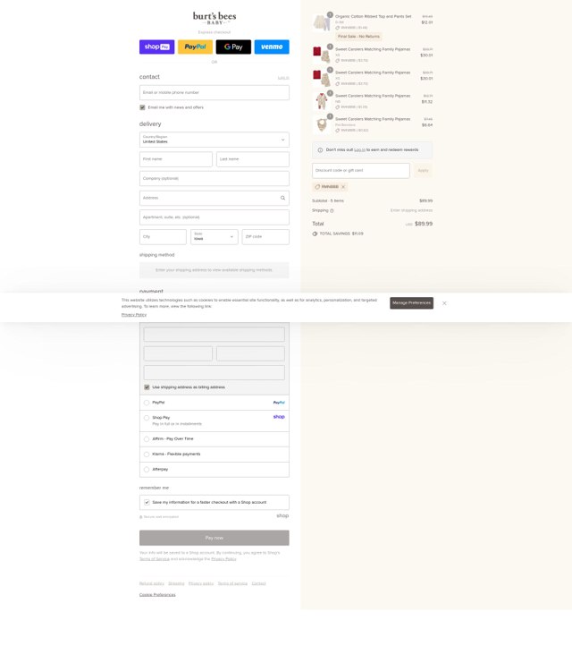 Burt's Bees Baby checkout page showing Burt's Bees Baby discount code box | Screenshot taken by SimplyCodes community member on Aug 28, 2025