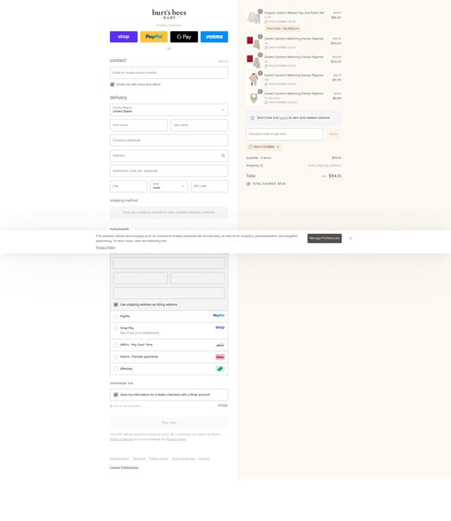 Burt's Bees Baby checkout page showing Burt's Bees Baby discount code box | Screenshot taken by SimplyCodes community member on Sep 13, 2025
