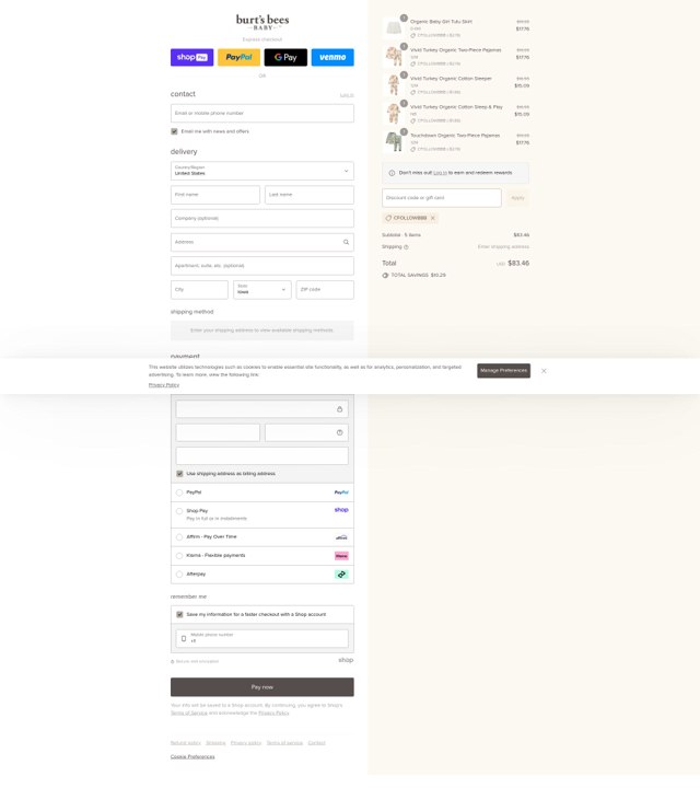 Burt's Bees Baby checkout page showing Burt's Bees Baby discount code box | Screenshot taken by SimplyCodes community member on Aug 23, 2025