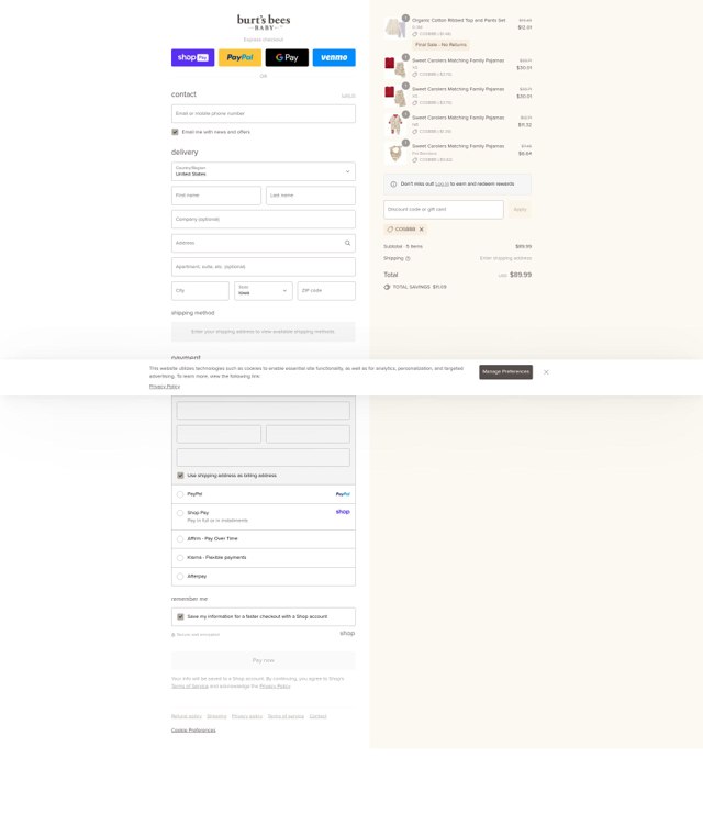Burt's Bees Baby checkout page showing Burt's Bees Baby discount code box | Screenshot taken by SimplyCodes community member on Aug 28, 2025