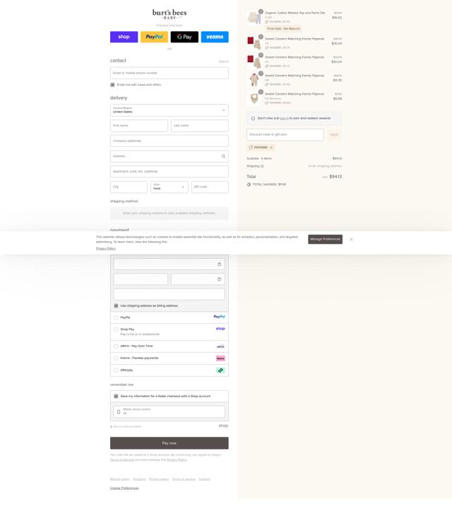 Burt's Bees Baby checkout page showing Burt's Bees Baby discount code box | Screenshot taken by SimplyCodes community member on Sep 13, 2025
