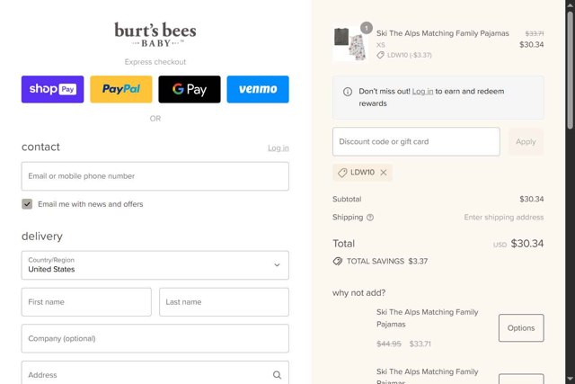 Burt's Bees Baby checkout page showing Burt's Bees Baby discount code box | Screenshot taken by SimplyCodes community member on Aug 28, 2025