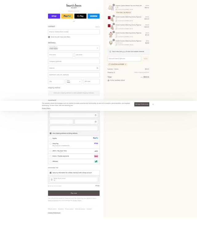 Burt's Bees Baby checkout page showing Burt's Bees Baby discount code box | Screenshot taken by SimplyCodes community member on Sep 13, 2025