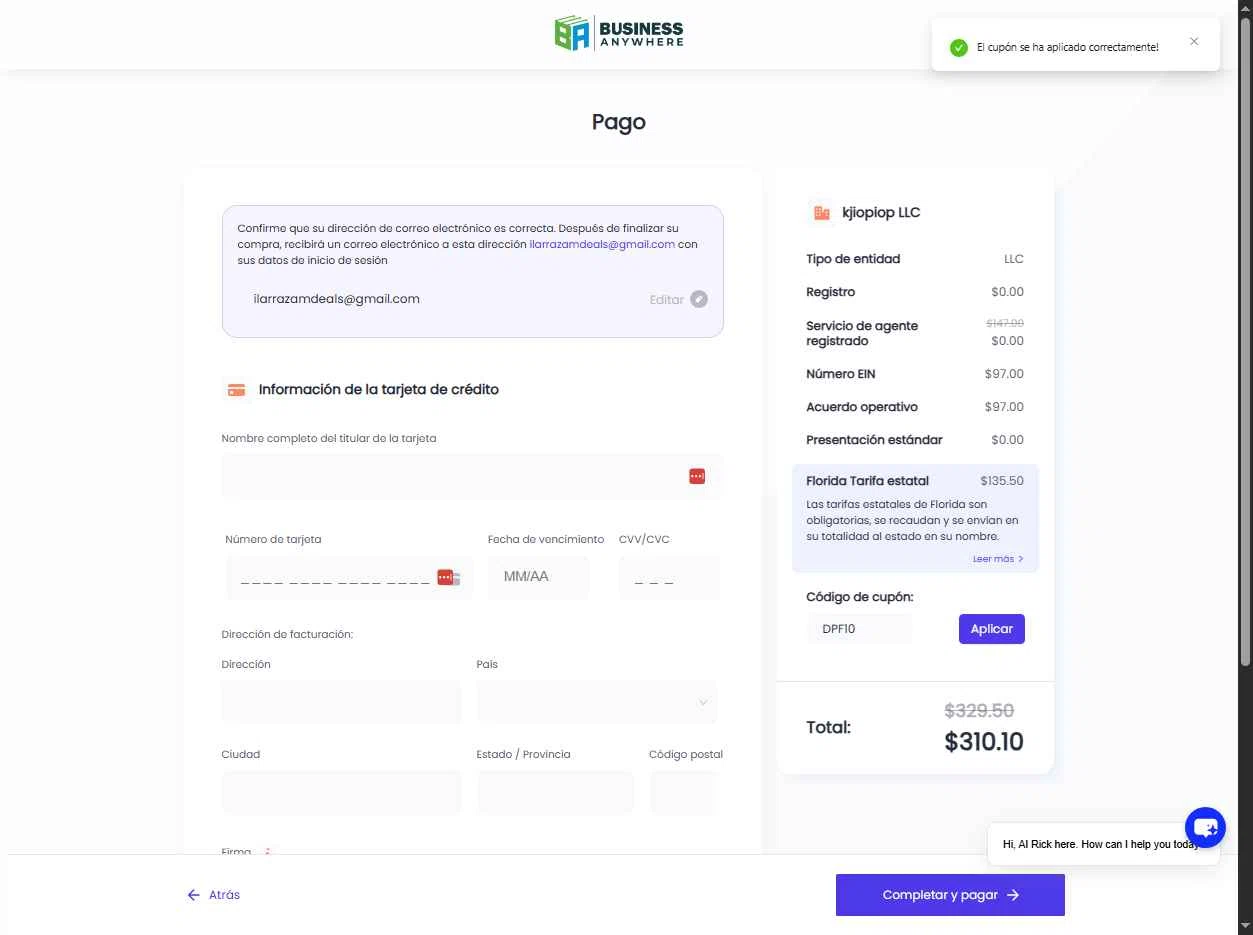 Business Anywhere checkout page showing Business Anywhere promo code box | Screenshot taken by SimplyCodes community member on Aug 28, 2025