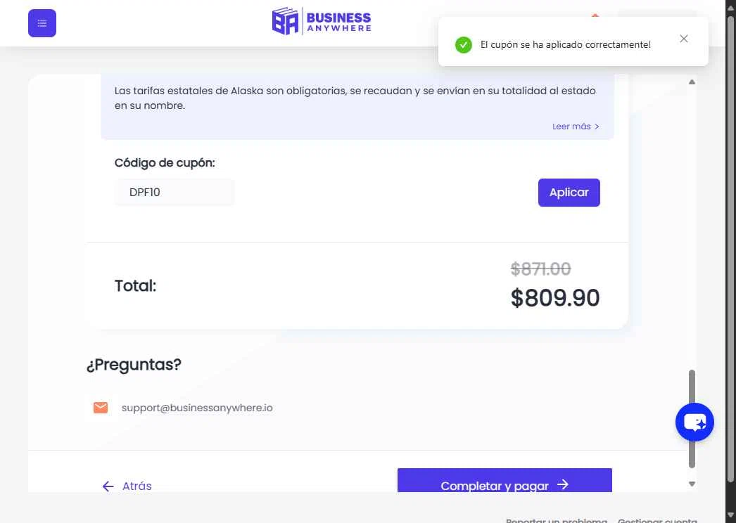 Business Anywhere checkout page showing Business Anywhere promo code box | Screenshot taken by SimplyCodes community member on Sep 26, 2025