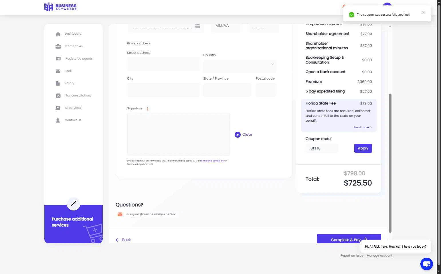 Business Anywhere checkout page showing Business Anywhere promo code box | Screenshot taken by SimplyCodes community member on Nov 23, 2025