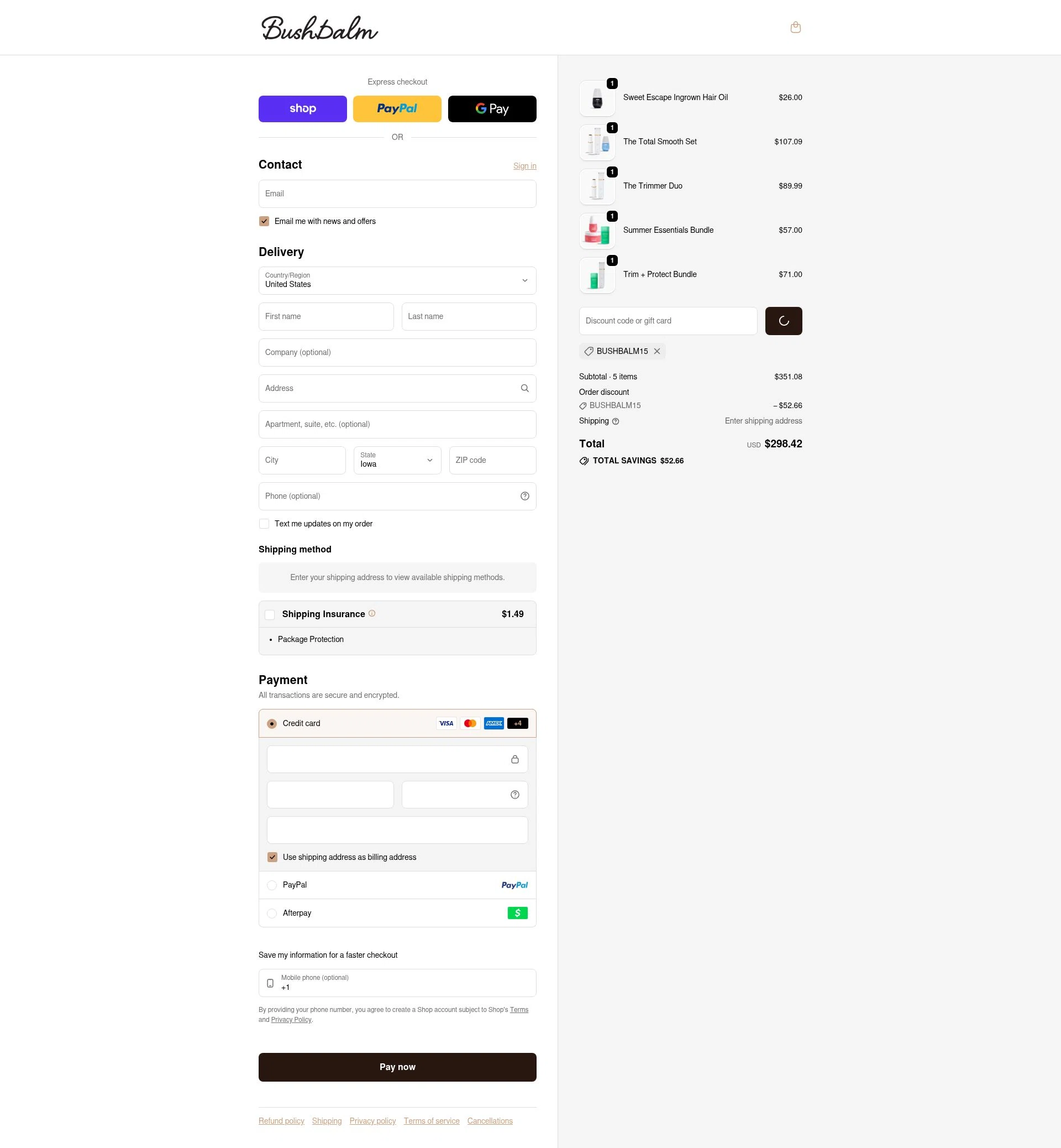 Bushbalm checkout page showing Bushbalm discount code box | Screenshot taken by SimplyCodes community member on Feb 6, 2026