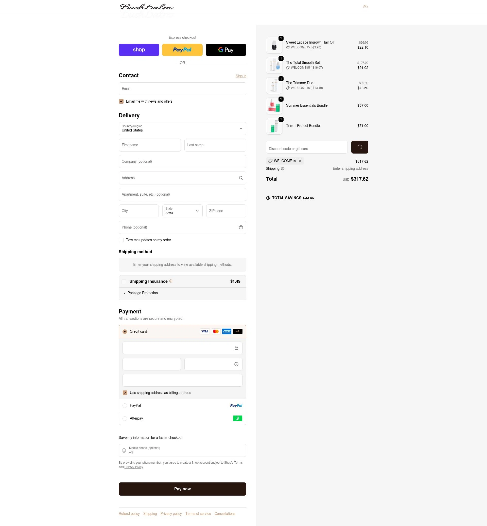 Bushbalm checkout page showing Bushbalm discount code box | Screenshot taken by SimplyCodes community member on Feb 6, 2026