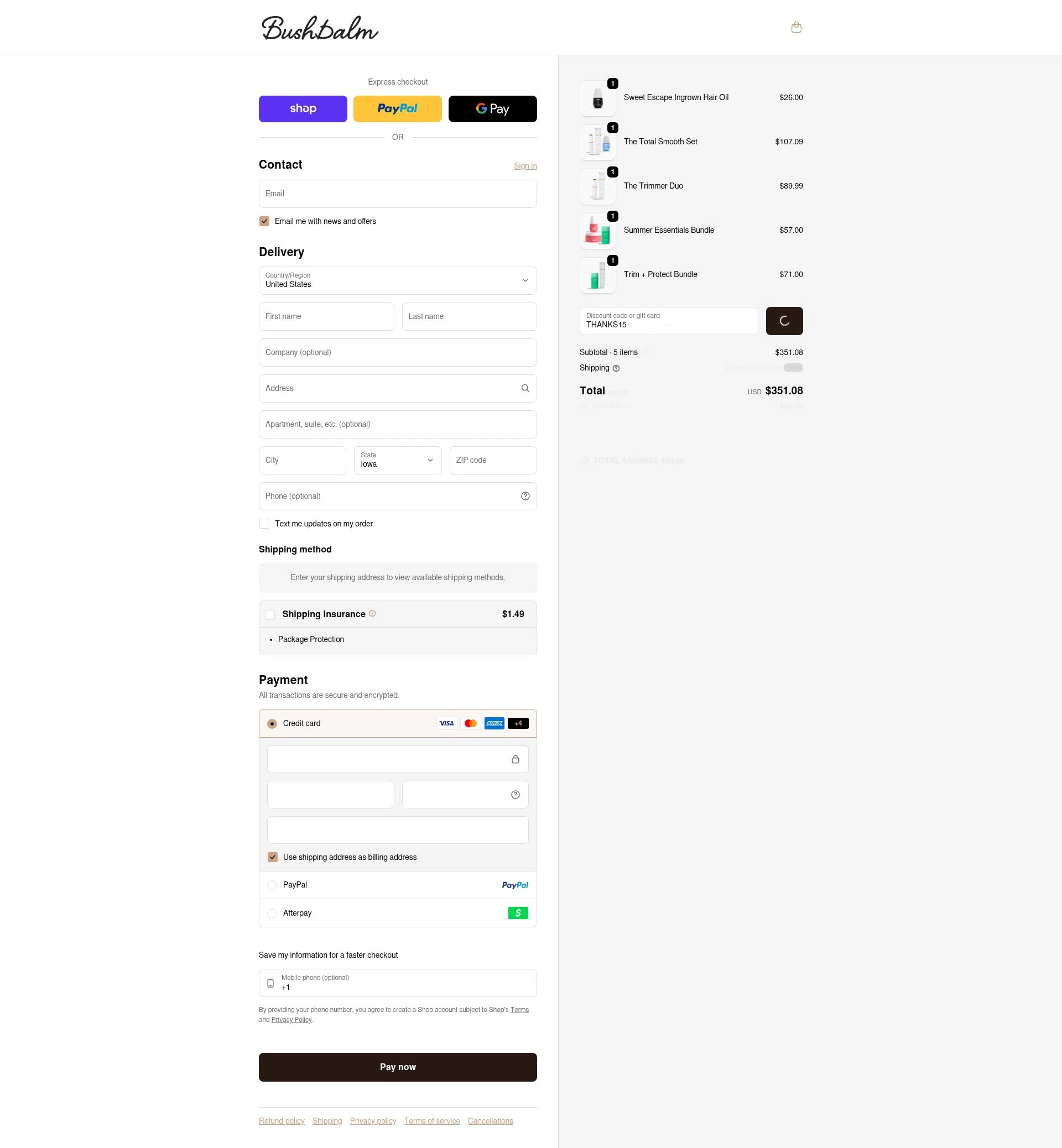 Bushbalm checkout page showing Bushbalm discount code box | Screenshot taken by SimplyCodes community member on Feb 6, 2026