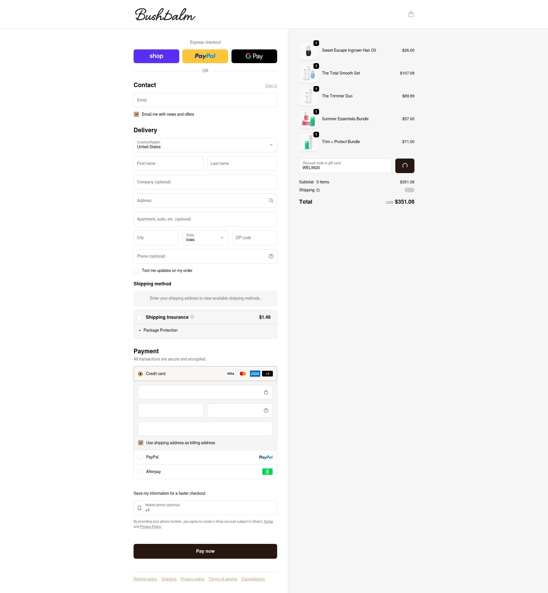 Bushbalm checkout page showing Bushbalm discount code box | Screenshot taken by SimplyCodes community member on Feb 6, 2026