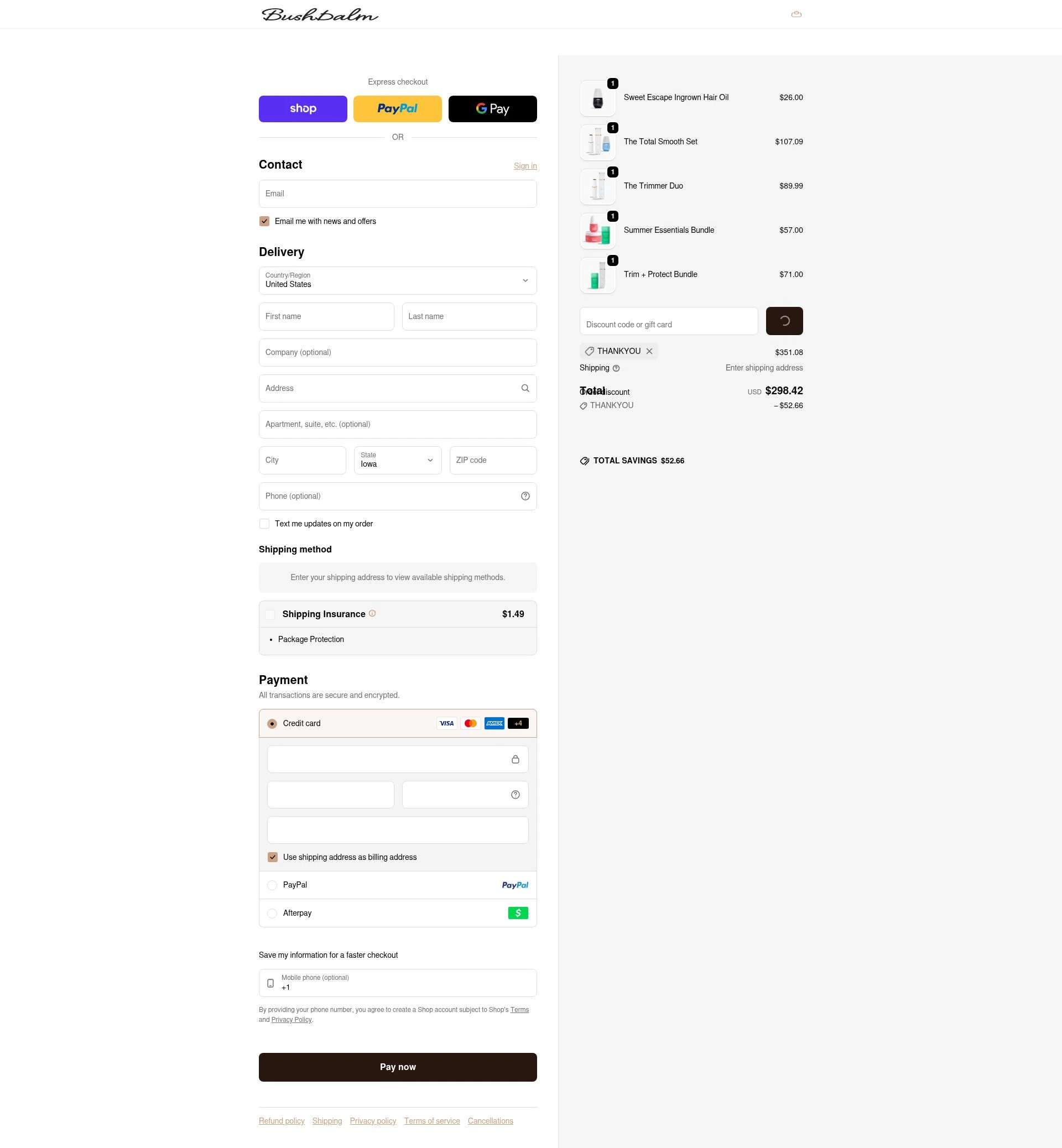 Bushbalm checkout page showing Bushbalm discount code box | Screenshot taken by SimplyCodes community member on Feb 6, 2026