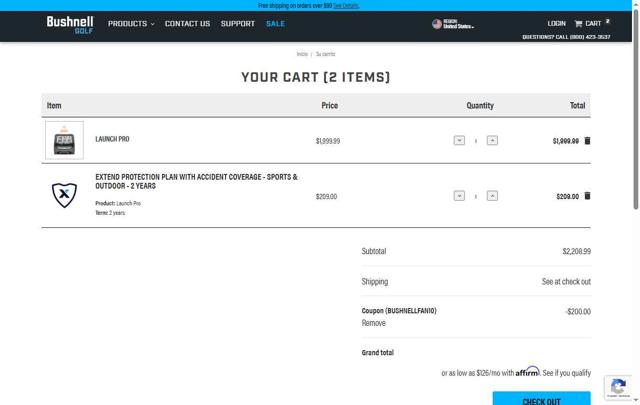 Bushnell Golf checkout page showing Bushnell Golf coupon code box | Screenshot taken by SimplyCodes community member on Jul 15, 2025