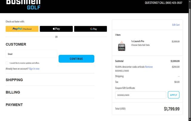 Bushnell Golf checkout page showing Bushnell Golf coupon code box | Screenshot taken by SimplyCodes community member on Aug 28, 2025