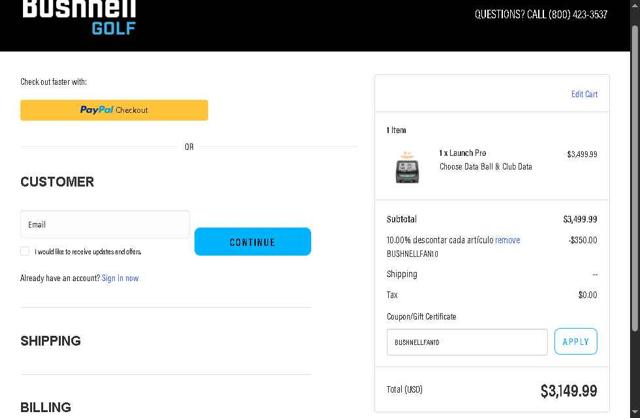 Bushnell Golf checkout page showing Bushnell Golf coupon code box | Screenshot taken by SimplyCodes community member on May 3, 2025