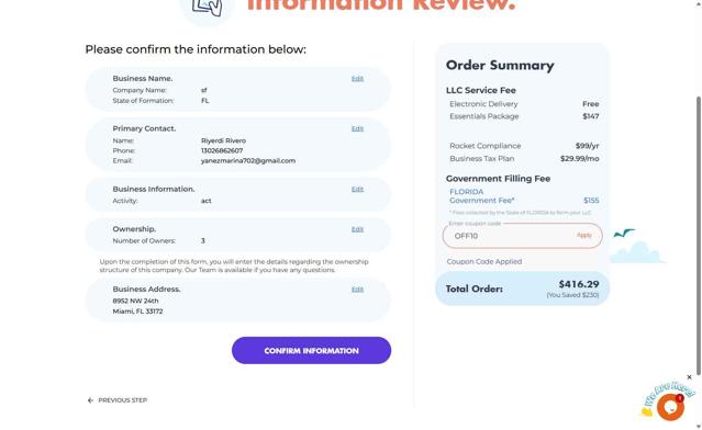 BusinessRocket checkout page showing BusinessRocket promo code box | Screenshot taken by SimplyCodes community member on Jul 22, 2025
