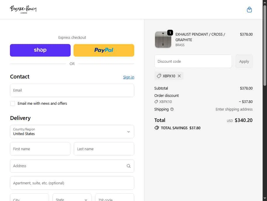 Buster + Punch checkout page showing Buster + Punch promo code box | Screenshot taken by SimplyCodes community member on Feb 5, 2026