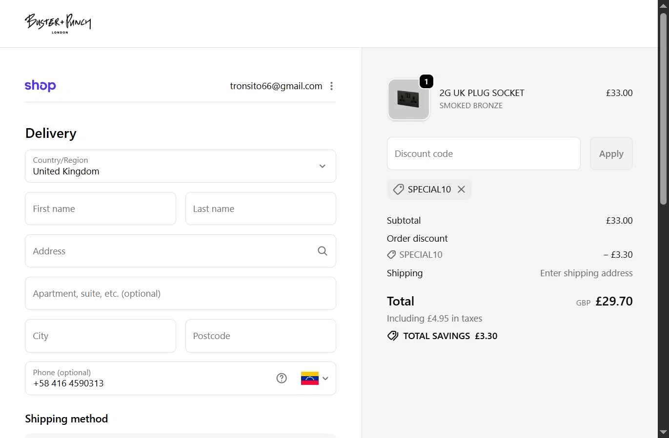Buster + Punch checkout page showing Buster + Punch promo code box | Screenshot taken by SimplyCodes community member on Feb 5, 2026