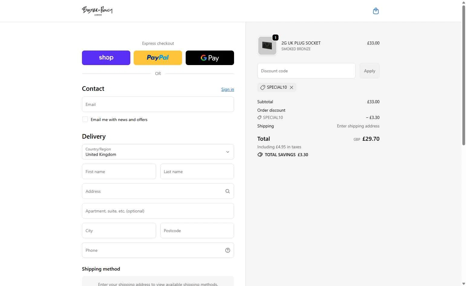Buster + Punch checkout page showing Buster + Punch promo code box | Screenshot taken by SimplyCodes community member on Feb 5, 2026