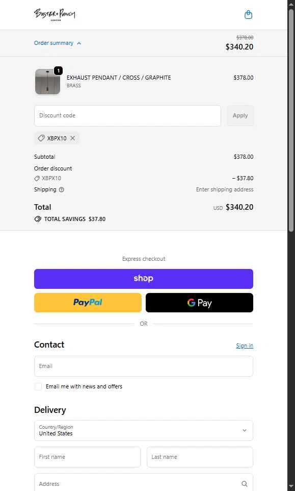 Buster + Punch checkout page showing Buster + Punch promo code box | Screenshot taken by SimplyCodes community member on Dec 29, 2025