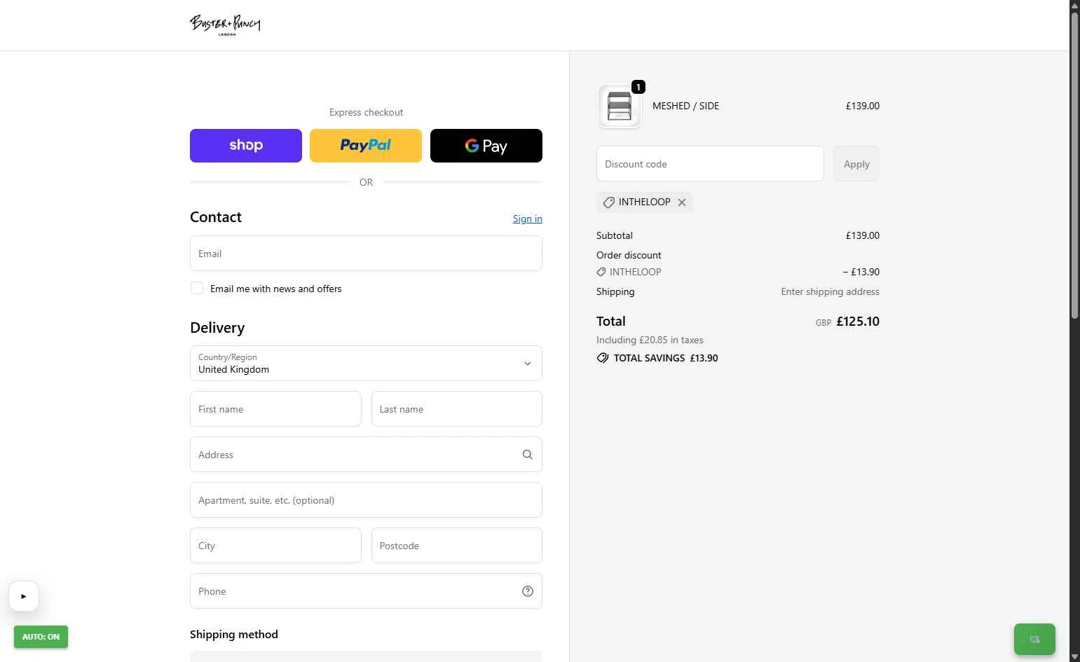 Buster + Punch checkout page showing Buster + Punch promo code box | Screenshot taken by SimplyCodes community member on Jan 28, 2026