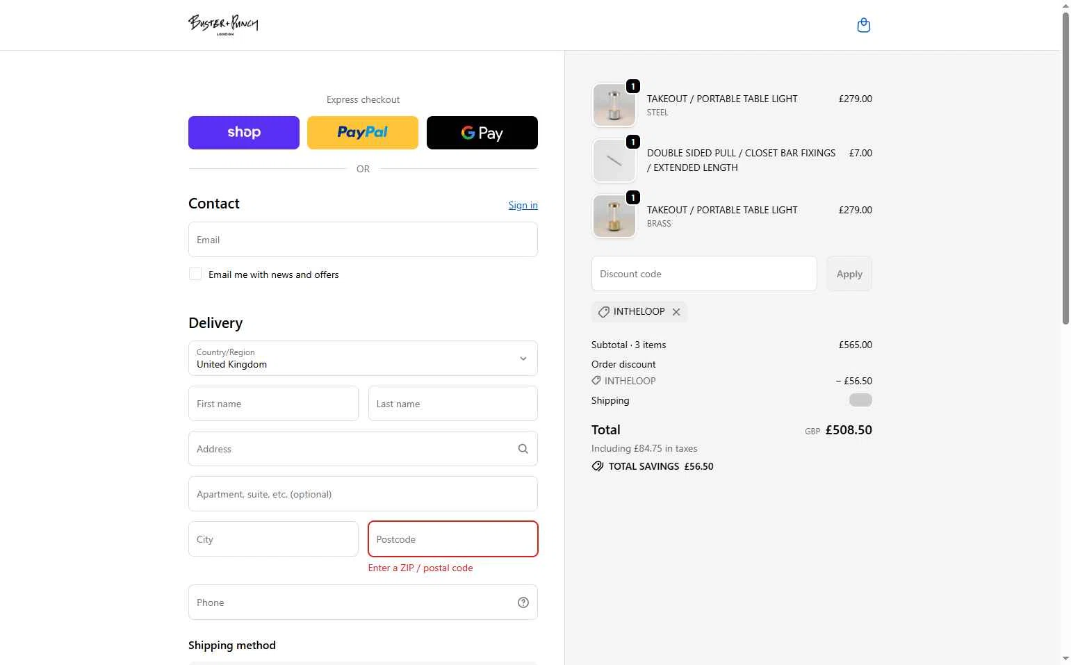 Buster + Punch checkout page showing Buster + Punch promo code box | Screenshot taken by SimplyCodes community member on Dec 11, 2025