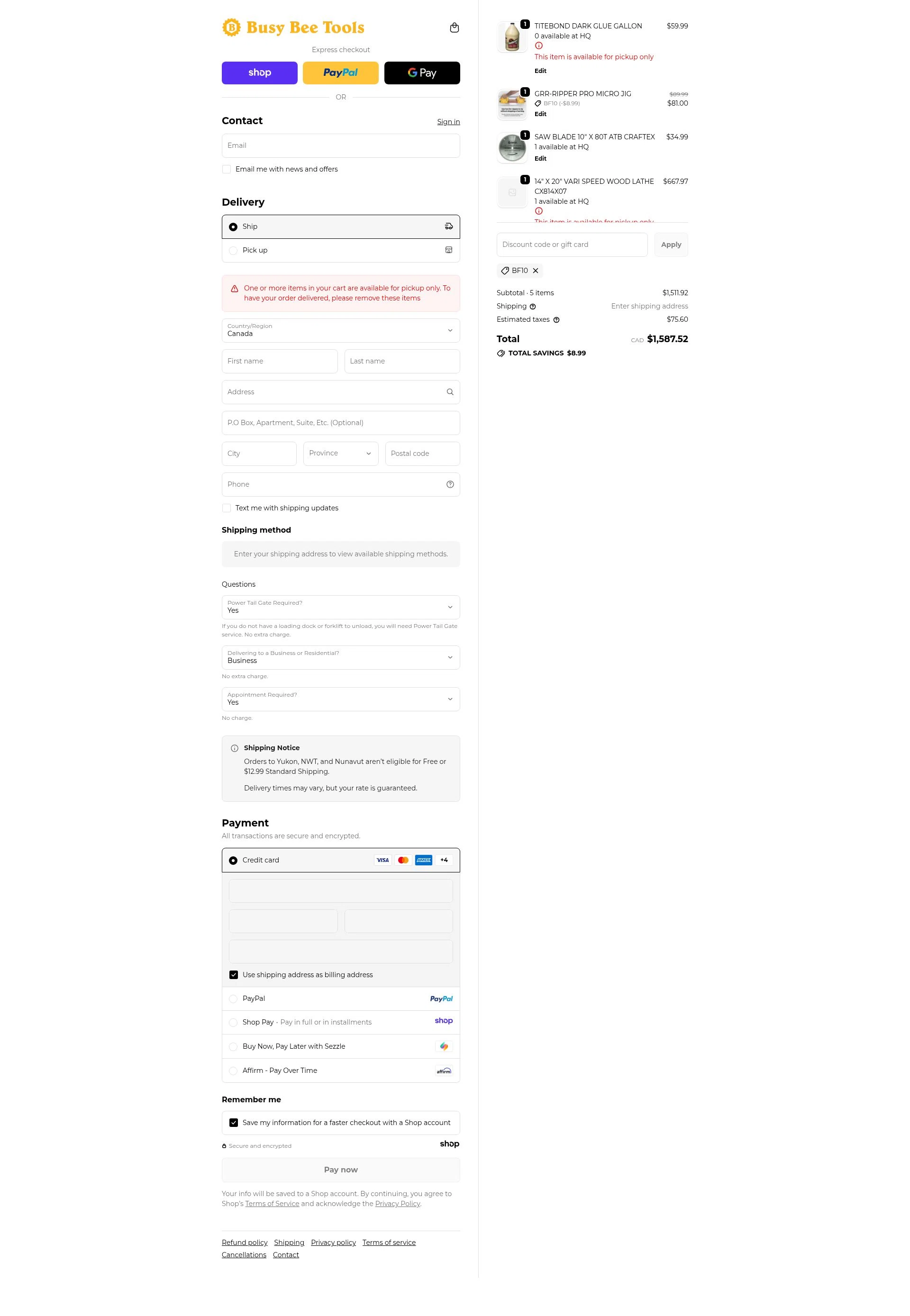 Busy Bee Tools checkout page showing Busy Bee Tools coupon code box | Screenshot taken by SimplyCodes community member on Nov 28, 2025