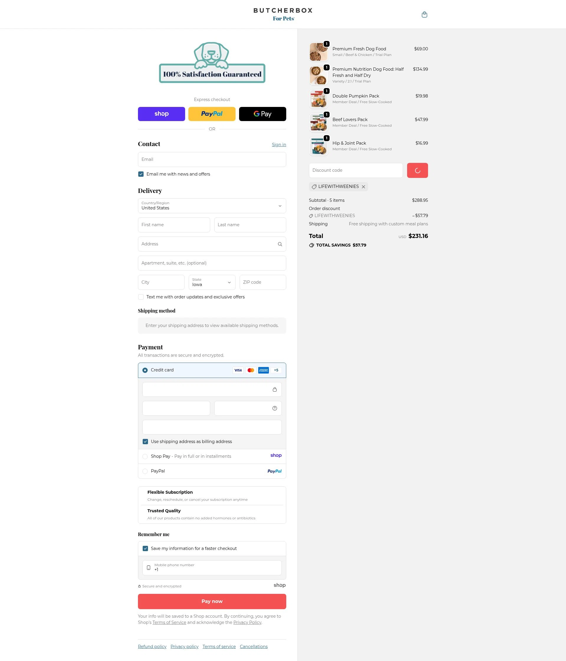ButcherBox For Pets checkout page showing ButcherBox For Pets promo code box | Screenshot taken by SimplyCodes community member on Jan 3, 2026