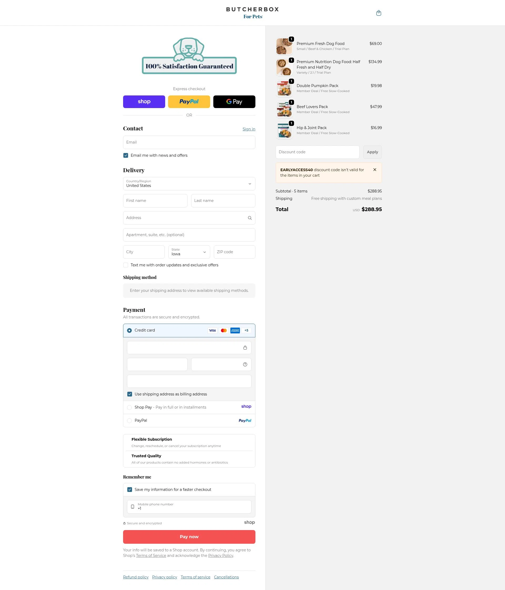 ButcherBox For Pets checkout page showing ButcherBox For Pets promo code box | Screenshot taken by SimplyCodes community member on Jan 3, 2026