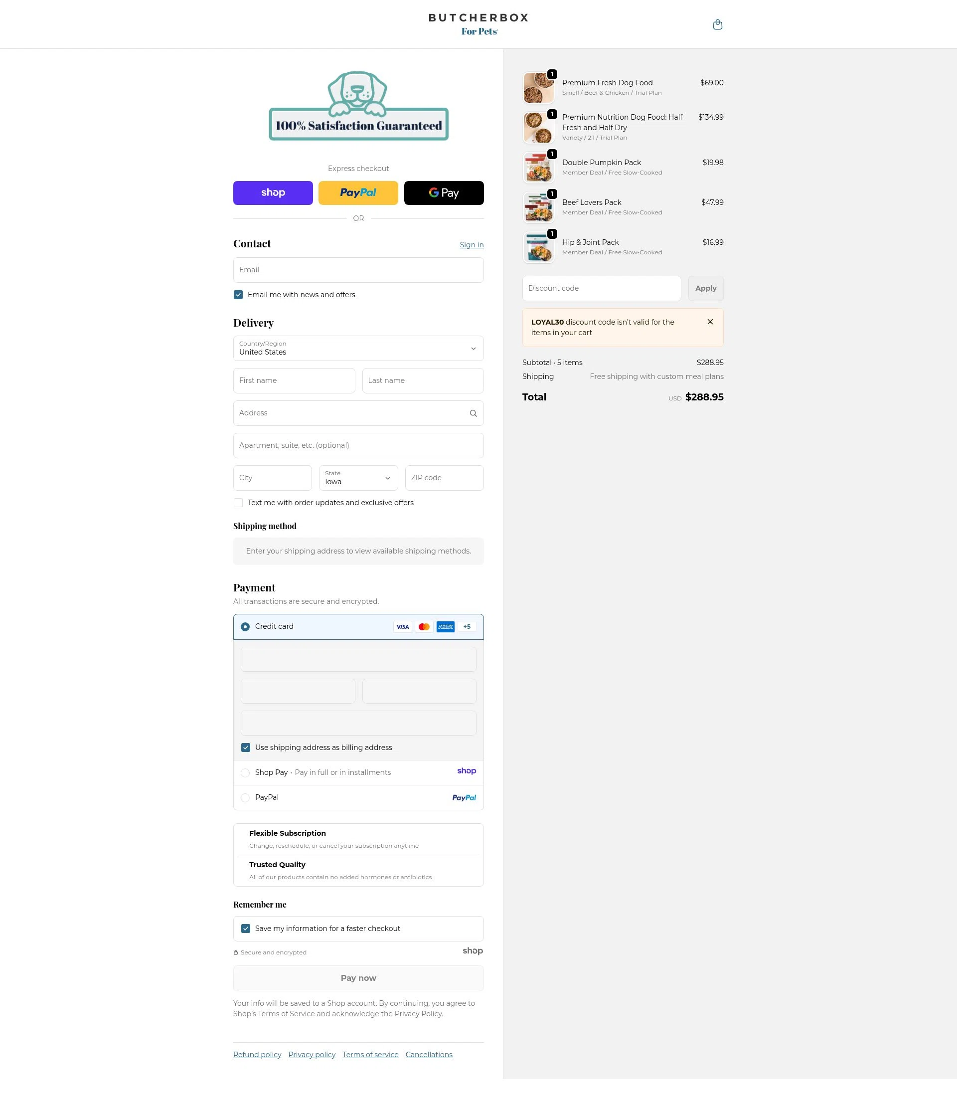 ButcherBox For Pets checkout page showing ButcherBox For Pets promo code box | Screenshot taken by SimplyCodes community member on Jan 6, 2026