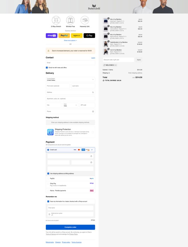Butter Cloth checkout page showing Butter Cloth discount code box | Screenshot taken by SimplyCodes community member on Aug 20, 2025
