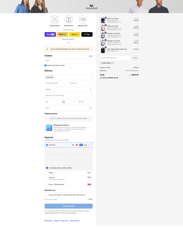 Butter Cloth checkout page showing Butter Cloth discount code box | Screenshot taken by SimplyCodes community member on Aug 24, 2025