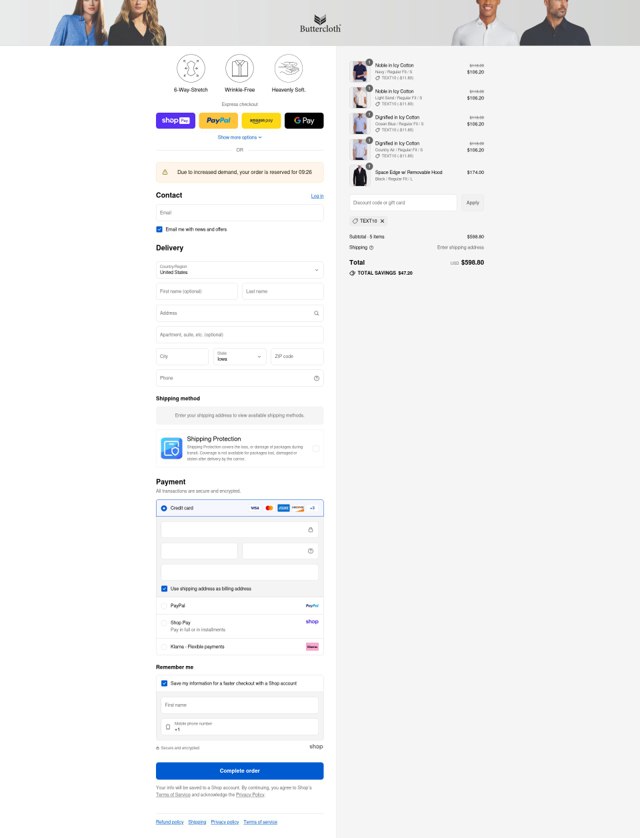 Butter Cloth checkout page showing Butter Cloth discount code box | Screenshot taken by SimplyCodes community member on Aug 24, 2025