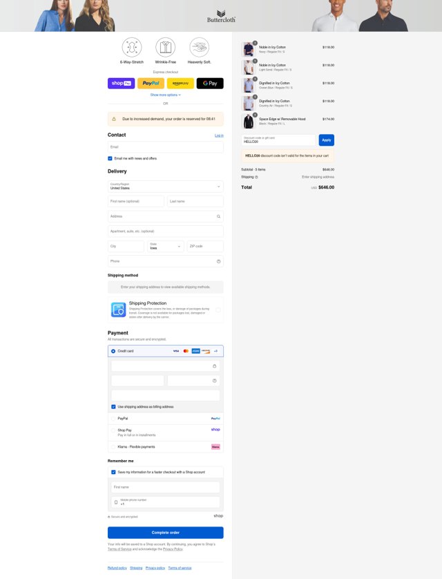 Butter Cloth checkout page showing Butter Cloth discount code box | Screenshot taken by SimplyCodes community member on Aug 24, 2025