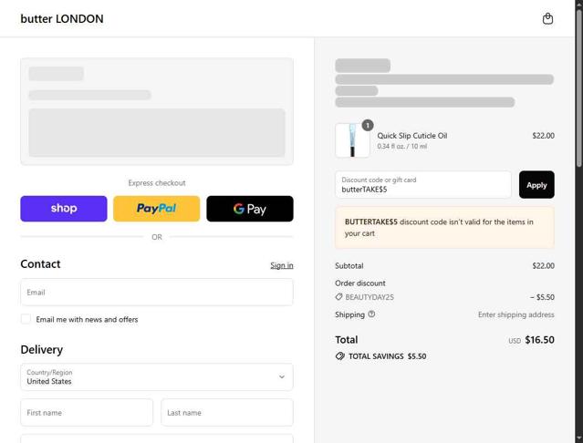 Butter London checkout page showing Butter London promo code box | Screenshot taken by SimplyCodes community member on Sep 14, 2025
