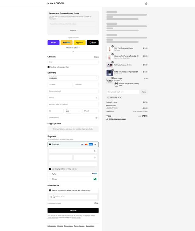 Butter London checkout page showing Butter London promo code box | Screenshot taken by SimplyCodes community member on Sep 14, 2025