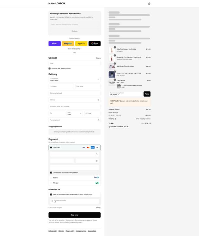 Butter London checkout page showing Butter London promo code box | Screenshot taken by SimplyCodes community member on Sep 14, 2025