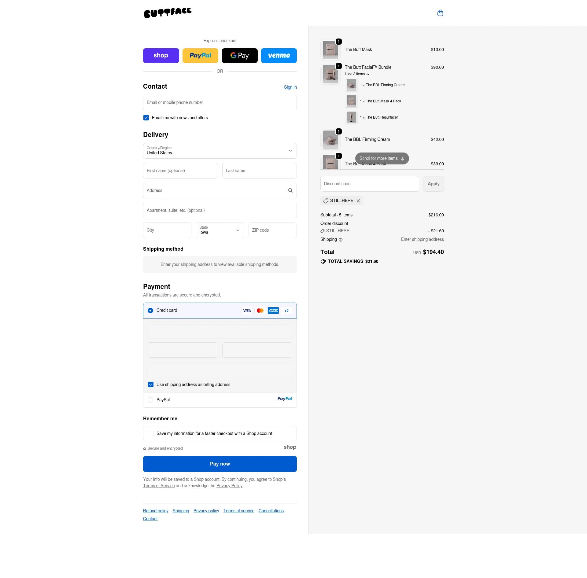 Buttface Skincare checkout page showing Buttface Skincare promo code box | Screenshot taken by SimplyCodes community member on Oct 30, 2025