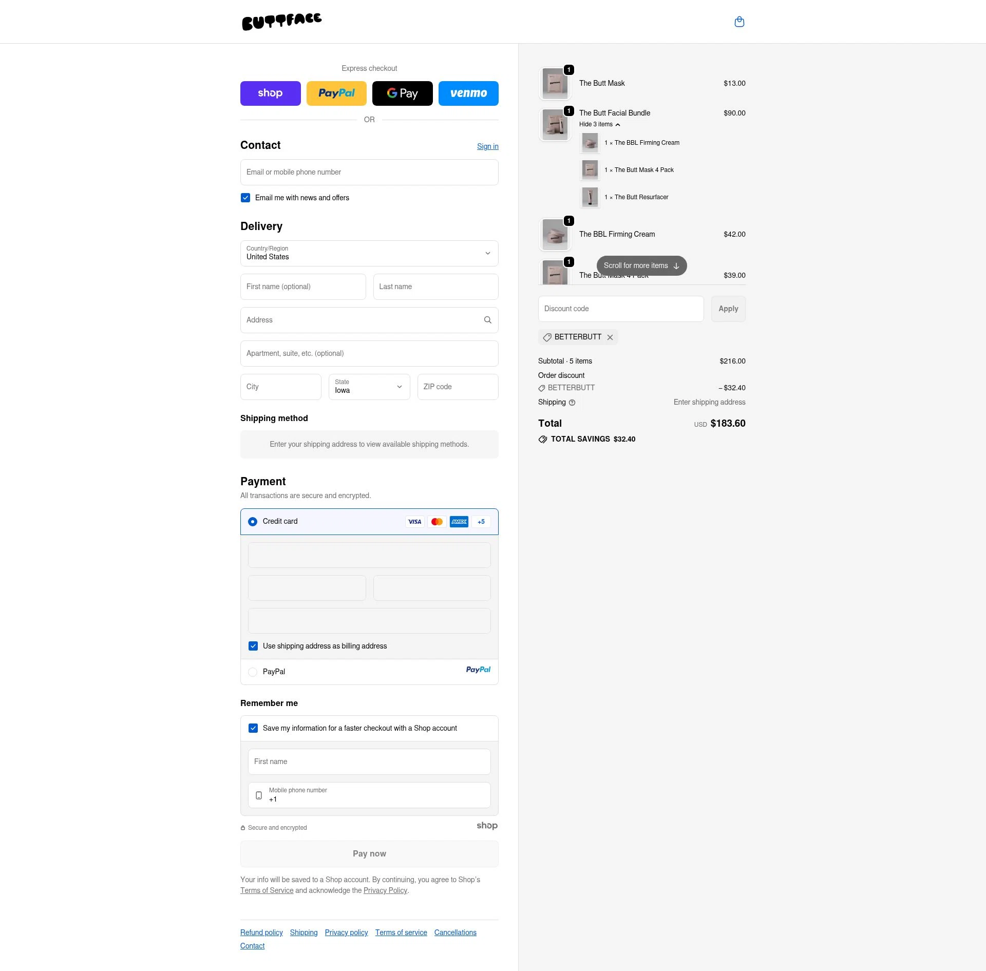 Buttface Skincare checkout page showing Buttface Skincare promo code box | Screenshot taken by SimplyCodes community member on Oct 25, 2025