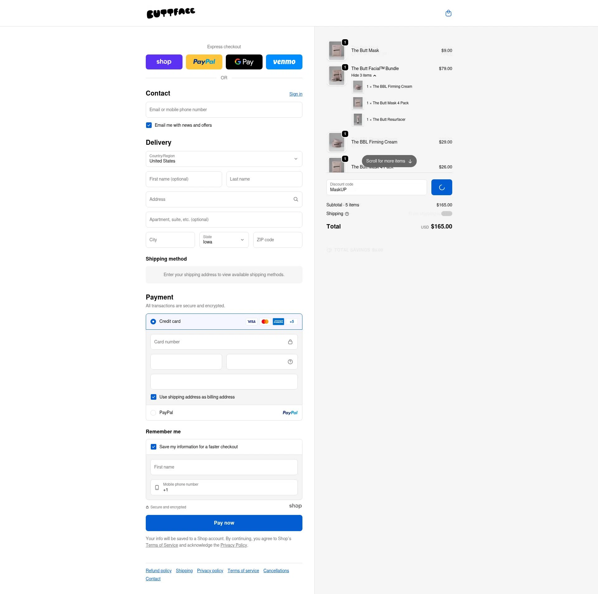 Buttface Skincare checkout page showing Buttface Skincare promo code box | Screenshot taken by SimplyCodes community member on Dec 26, 2025