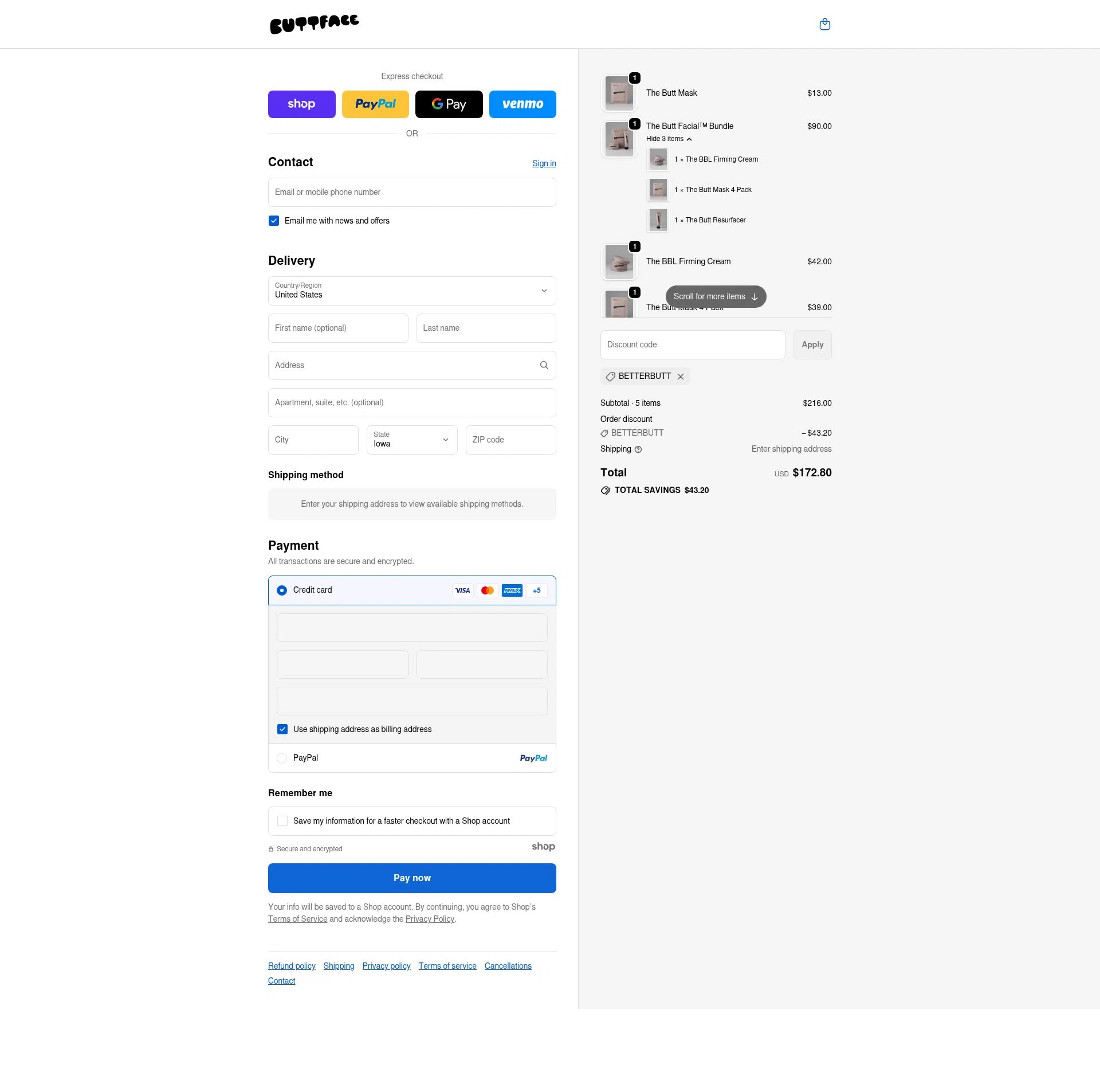 Buttface Skincare checkout page showing Buttface Skincare promo code box | Screenshot taken by SimplyCodes community member on Nov 27, 2025